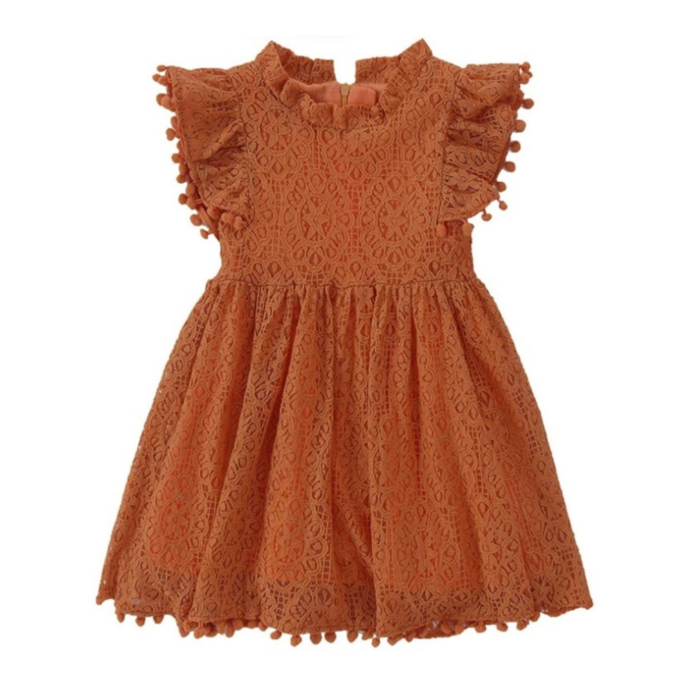 Lace Pom Pom Flutter Sleeve Princess Dress- Brick Red/Orange- 18 months